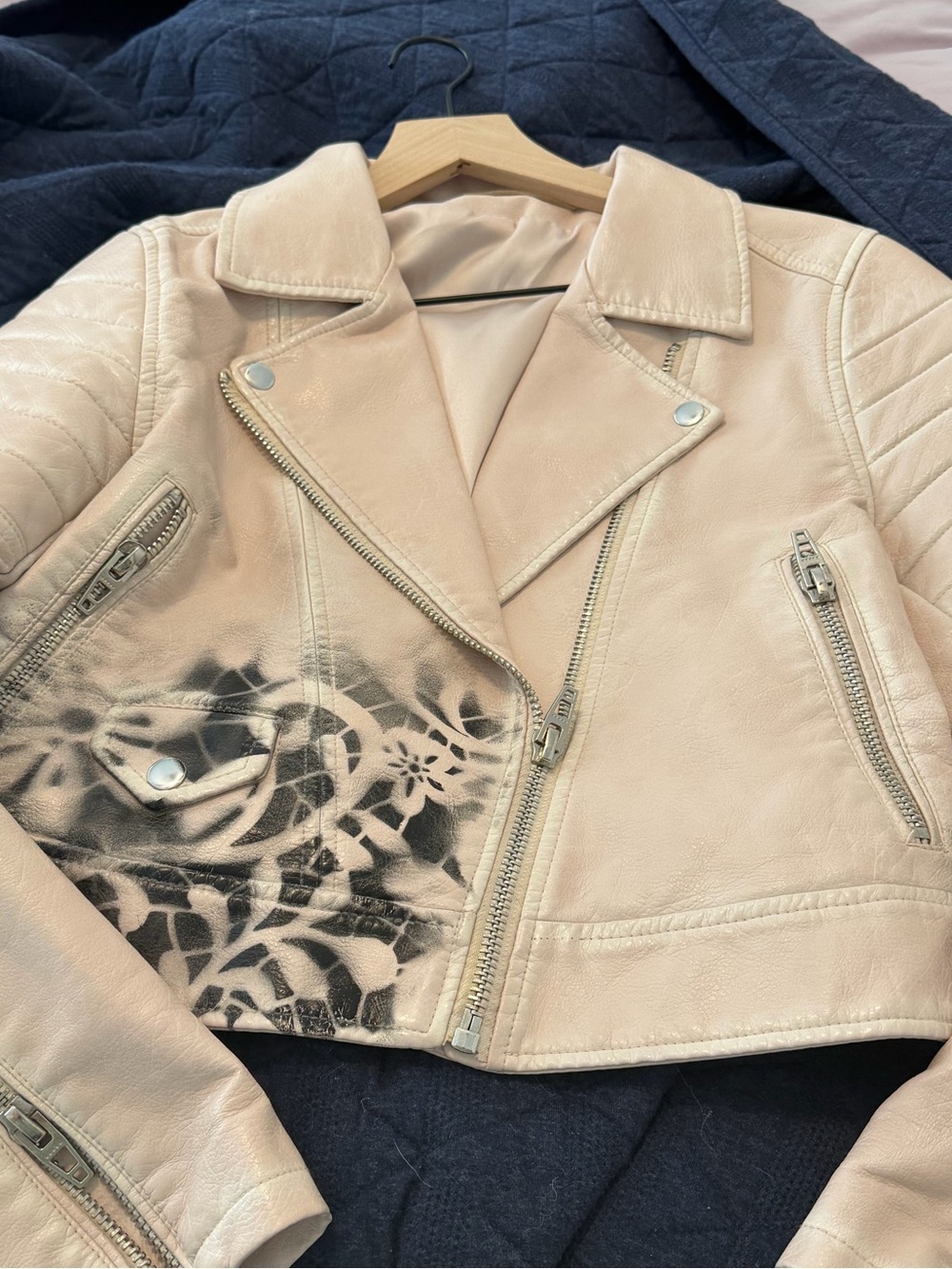 Women’s light pink Leather Moto Jacket with Black Graphic Detail - hand  painted